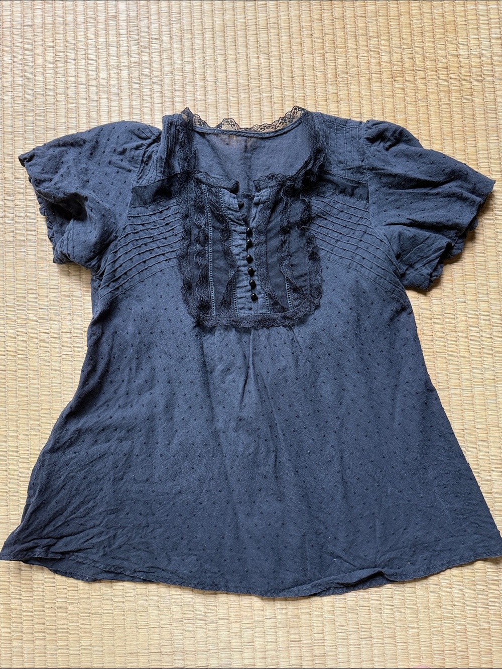 Black Cotton Lace-Trim Short Sleeve Top